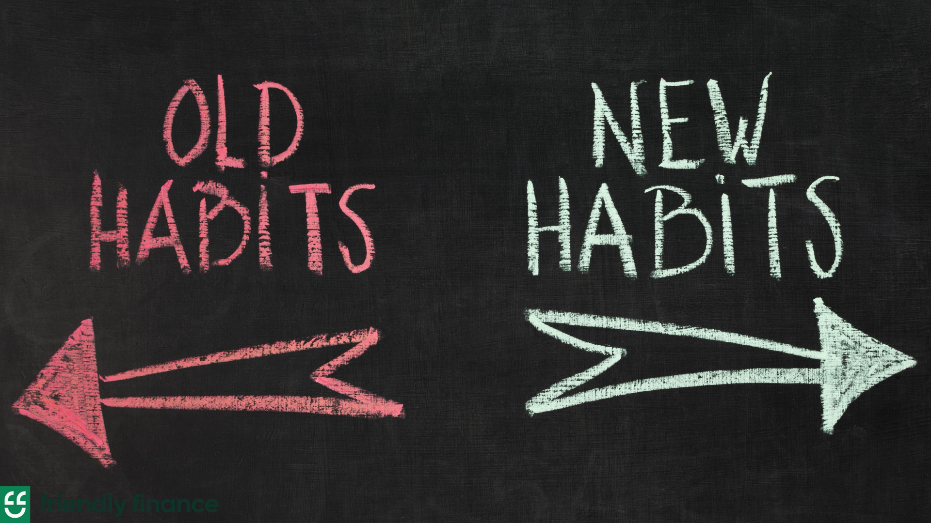 a chalkboard with "old habits" and "new habits" written side by side; a red arrow is drawn below old habits and a green one is under new habits, each pointing at opposite directions
