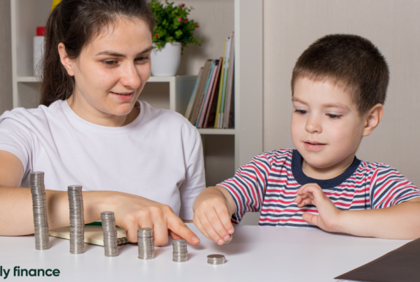 A mother and son counting coins