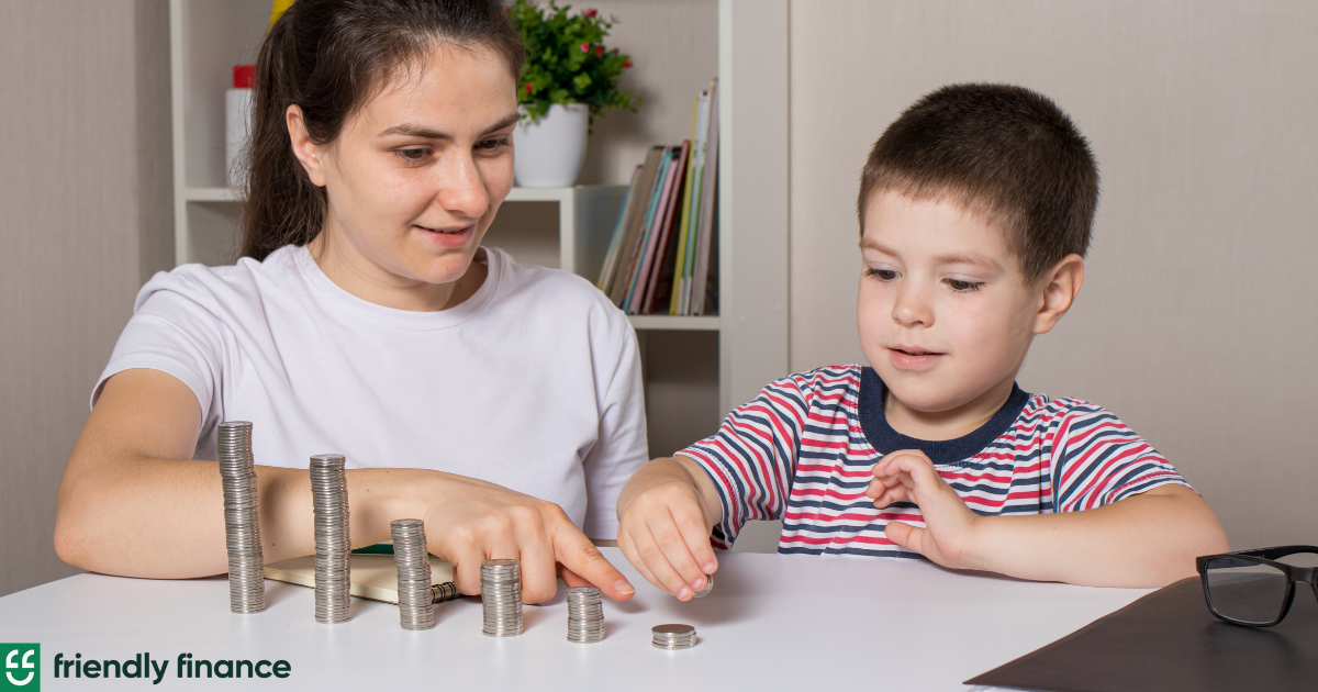 A mother and son counting coins